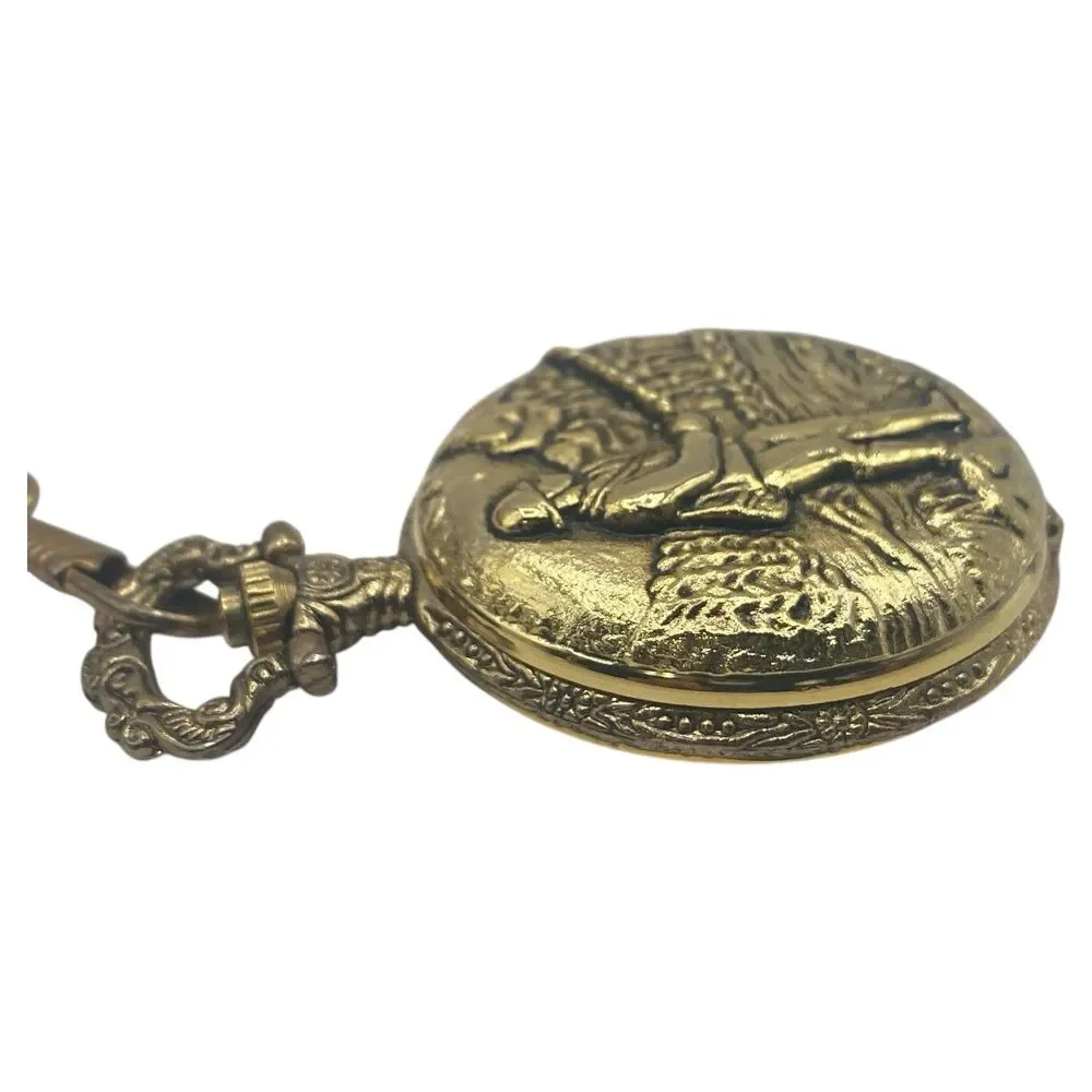 Vintage Medal Gold Tone Quartz Pocket Watch Hunting Scene New Battery